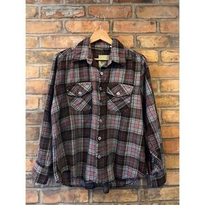 Vintage 1960s Wool Cotton Flannel Plaid Shirt Grey Red Black Button Down L